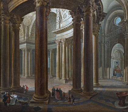 Interior of a cathedral with architects at work