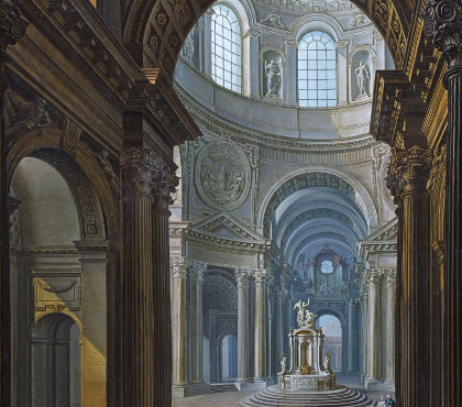 Intérieur d’une cathédrale avec un fond baptismal et des personnages